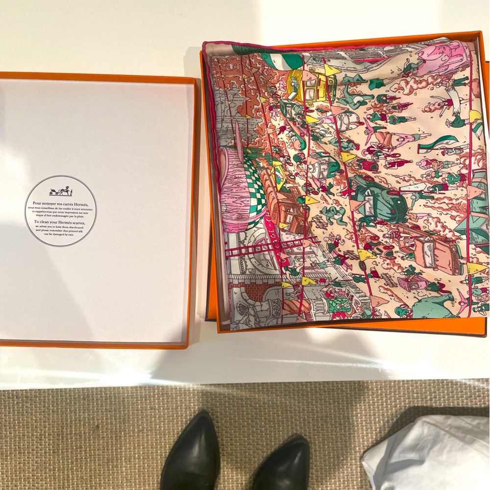 Hermes pink Paris scene silk scarf